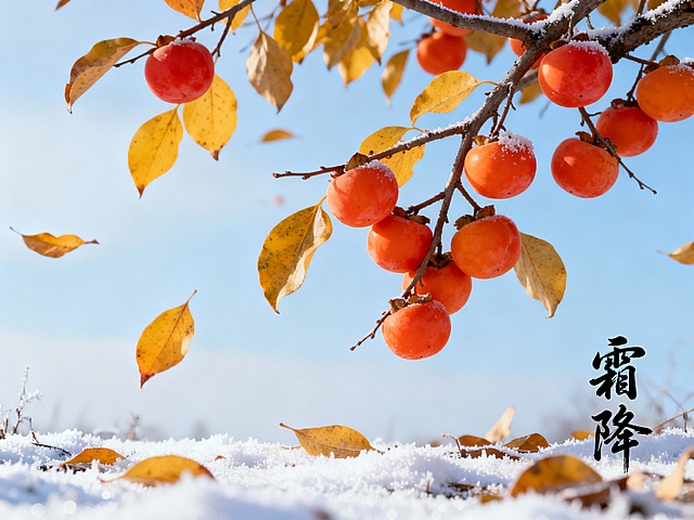霜降时节，枝头挂满橙红色的柿子，叶片泛黄飘落，背景是淡蓝色的天空，地面覆盖着薄薄的白霜，整体氛围宁静而温暖，“霜降”二字以书法字体点缀在画面角落