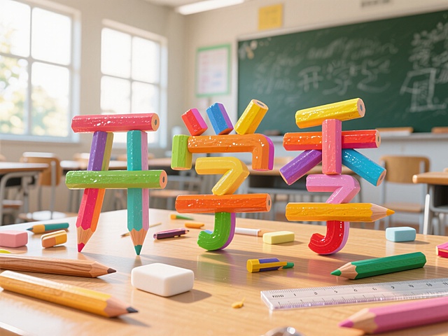 “开学季”三个字的笔画用蜡笔拼出，蜡笔周围有其他文具，背景是教室