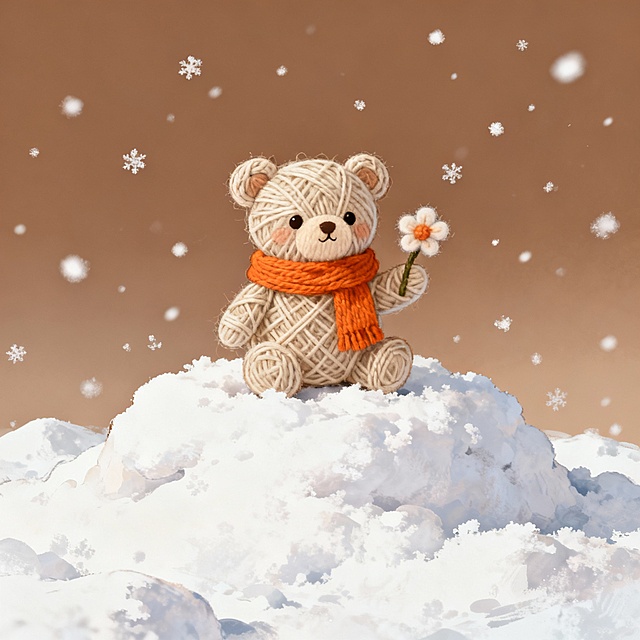 粗线编织的柔软3D小熊，拟人化手持彩色毛线花，雪地场景中飘落雪花，温暖梦幻，充满童趣与温馨感。