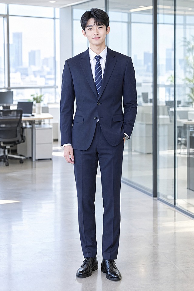 全身穿搭展示图，一位年轻亚洲男性（约23-25岁，职场新人形象，清爽短发，干净阳光），站在明亮的现代办公室背景中，穿着藏青色基础款两粒扣平驳领西装套装，内搭纯白色长袖正装衬衫，系着藏青色细斜纹领带，脚穿黑色系带德比皮鞋，手腕佩戴简约黑色皮带石英表，姿态端正精神，面带青涩又认真的微笑，职场新人正装风格，光线明亮干净，高清写实，商务职场摄影质感