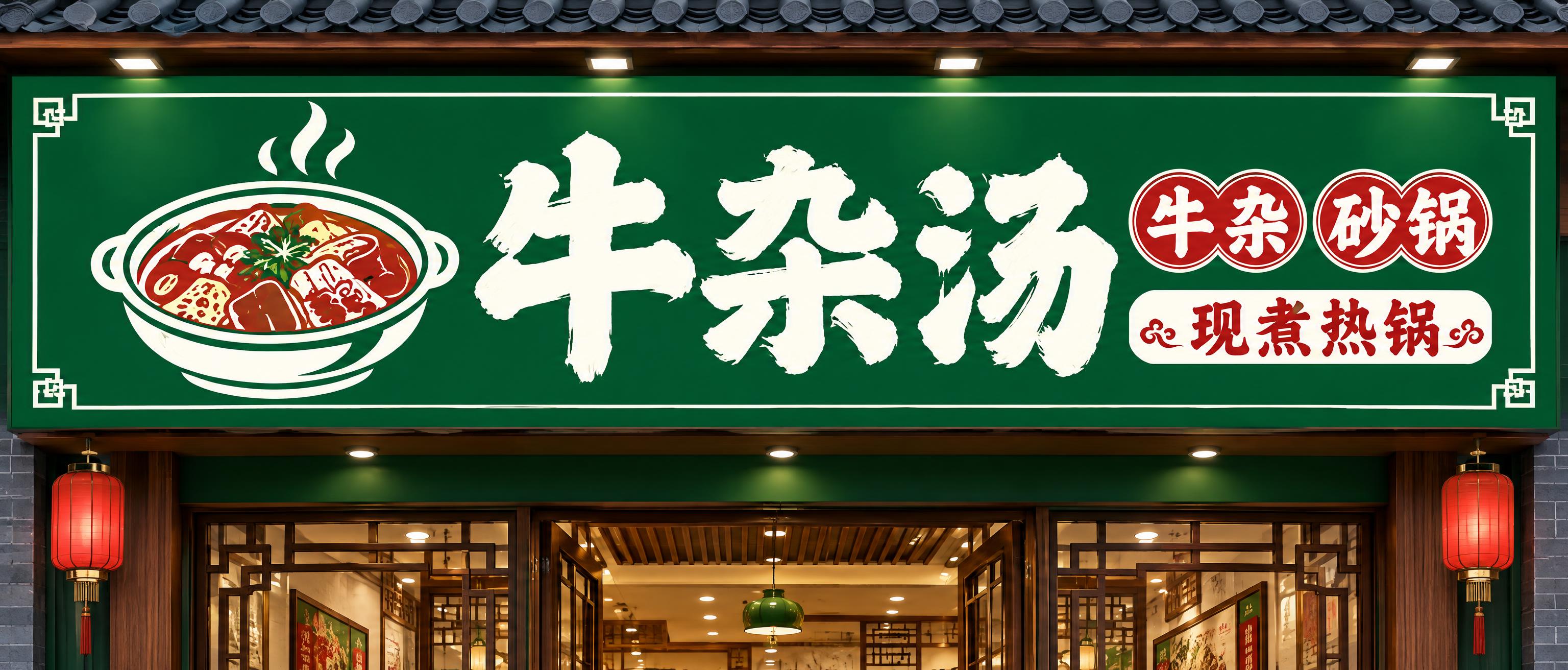 基于参考图的牛杂汤品牌VI，设计一个餐饮门店的门头招牌（门牌）… - 图片创意预览