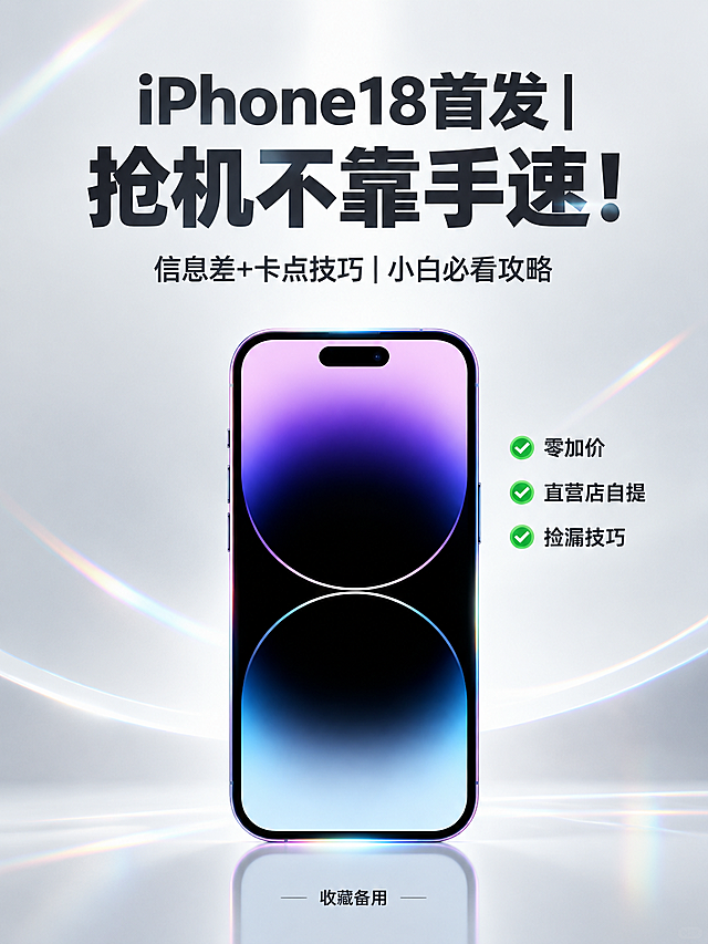 基于原图进行风格重绘，保留原图的版式结构和手机主体位置，做以下修改：

1. 配色改为黑白浅色高级简约风格，以白色、浅灰、深灰、黑色为主色调，背景为浅灰白渐变，整体干净高级。
2. 保留手机本身的屏幕颜色（紫蓝渐变）不变，不改变商品颜色。
3. 增加科技感与轻微镭射感：手机边缘有极细的镭射虹彩光晕，背景有微弱的全息镭射纹理点缀，整体科技感强但克制不浮夸。
4. 所有文字使用简体中文字体，清晰易读。
5. 画面比例调整为 3:4（竖版）。
6. 手机主体100%还原原图的外形、结构、比例、颜色与正面朝向，仅优化光影质感。
7. 保留以下完整文案内容，文字位置和层级关系与原图类似：
   - 主标题："iPhone18首发 | 抢机不靠手速！"
   - 副标题："信息差+卡点技巧 | 小白必看攻略"
   - 右侧三条卖点："零加价"、"直营店自提"、"捡漏技巧"（带绿色对勾图标）
   - 底部文案："收藏备用"
8. 画面中所有数字"18"必须精确渲染，不得错位、遗漏或编造。
9. 版式精美，四周留足安全边距，文字不遮挡手机主体关键部位。
10. 整体风格：极简高级科技风，黑白浅灰主色 + 少量镭射虹彩点缀，干净有质感。