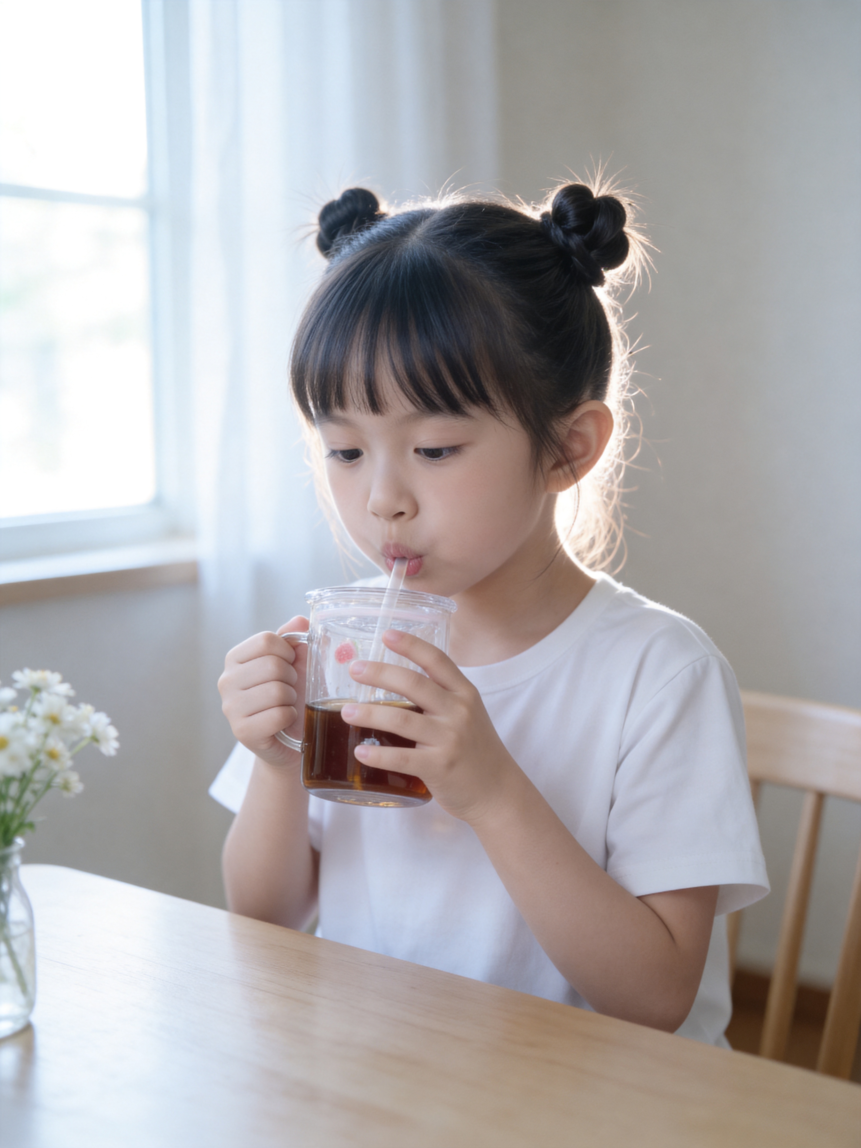 生成日系清新治愈风儿童写真，仅保留参考图1小女孩的脸型、五官与… - 图片创意预览