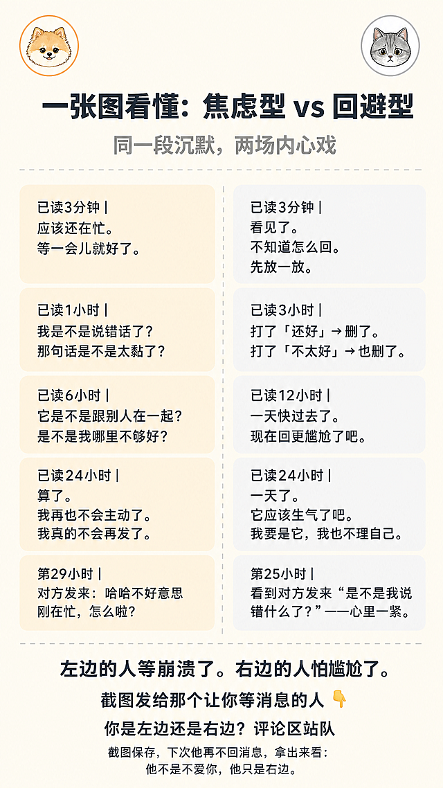 设计一张小红书竖版长图，宽度1080px，高度1920px，背景米白色#FDF6E3。顶部左上角放置附件一的小博美圆脸小狗头像，做成简笔手绘风格，添加暖橙色边框，宽度80px。顶部右上角放置附件二的冷淡表情灰色猫咪头像，做成简笔手绘风格，添加浅灰色边框，宽度80px。大标题居中，黑色#2C3E50，加粗，60号字：一张图看懂：焦虑型 vs 回避型。副标题居中，灰色#7F8C8D，40号字：同一段沉默，两场内心戏。添加浅灰色#E0E0E0虚线分隔线。表格区域分左右两列：左边背景浅橙色#FDEBD0，右边背景浅灰色#F8F9FA，中间一条浅灰色#E0E0E0虚线分隔，正文28号字，深灰色#2C3E50。每行内容：第1行左边：「已读3分钟｜应该还在忙。等一会儿就好了。」 右边：「已读3分钟｜看见了。不知道怎么回。先放一放。」 第2行左边：「已读1小时｜我是不是说错话了？那句话是不是太黏了？」 右边：「已读3小时｜打了「还好」→删了。打了「不太好」→也删了。」 第3行左边：「已读6小时｜它是不是跟别人在一起？是不是我哪里不够好？」 右边：「已读12小时｜一天快过去了。现在回更尴尬了吧。」 第4行左边：「已读24小时｜算了。我再也不会主动了。我真的不会再发了。」 右边：「已读24小时｜一天了。它应该生气了吧。我要是它，我也不理自己。」 第5行左边：「第29小时｜对方发来：哈哈不好意思刚在忙，怎么啦？」 右边：「第25小时｜看到对方发来“是不是我说错什么了？”——心里一紧。」 再添加一条浅灰色#E0E0E0虚线分隔线。底部引导区居中，深灰色#2C3E50，从上到下依次：第1行32号字：“左边的人等崩溃了。右边的人怕尴尬了。” 第2行30号字：“截图发给那个让你等消息的人 👇” 第3行30号字：“你是左边还是右边？评论区站队” 第4行28号字：“截图保存，下次他再不回消息，拿出来看：他不是不爱你，他只是右边。” 整体要求：干净、简洁、工具型对照表，不要水印不要账号名，总高度不超过1920px。