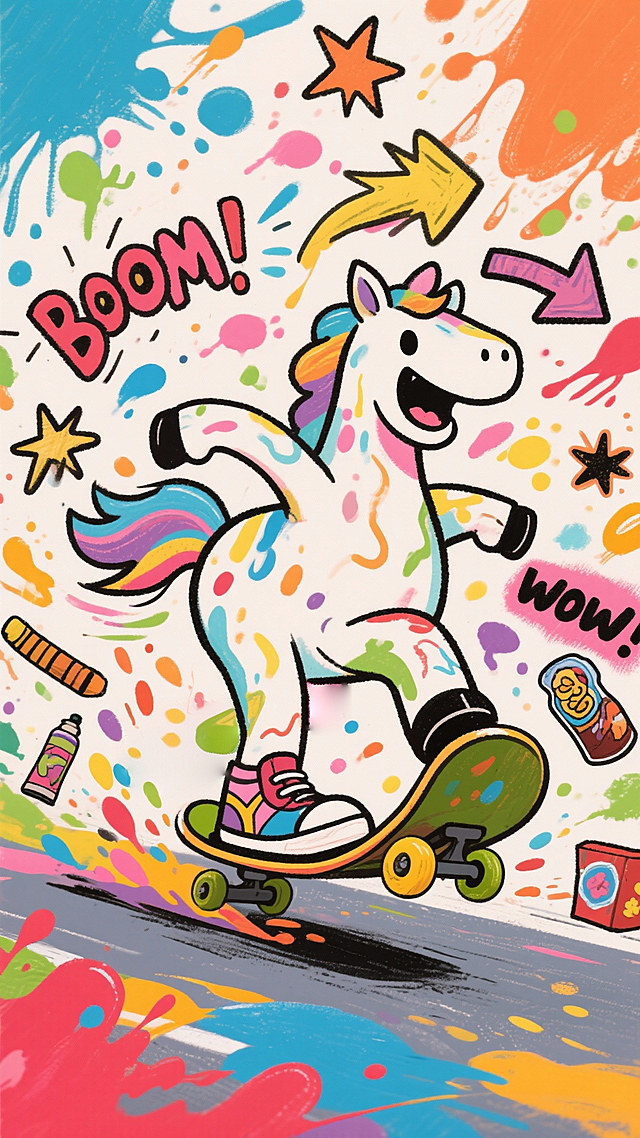 卡通感十足的独角兽踩着滑板疾驰，色彩喷溅的涂鸦风背景充满趣味与冲击力，波普艺术元素与拟人化设计交织，展现童趣与活力。