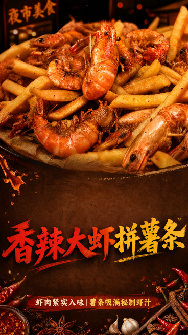 夜市风格餐饮海报，100% 还原上传商品图的香辣油焖大虾和薯条外形、结构、颜色、质感。上半区域占70%为菜品特写，大虾枣红油亮，局部暖光聚焦食材，细节高清突出，展现鲜香酥脆的质感，中间留空区域写菜品主预览效果