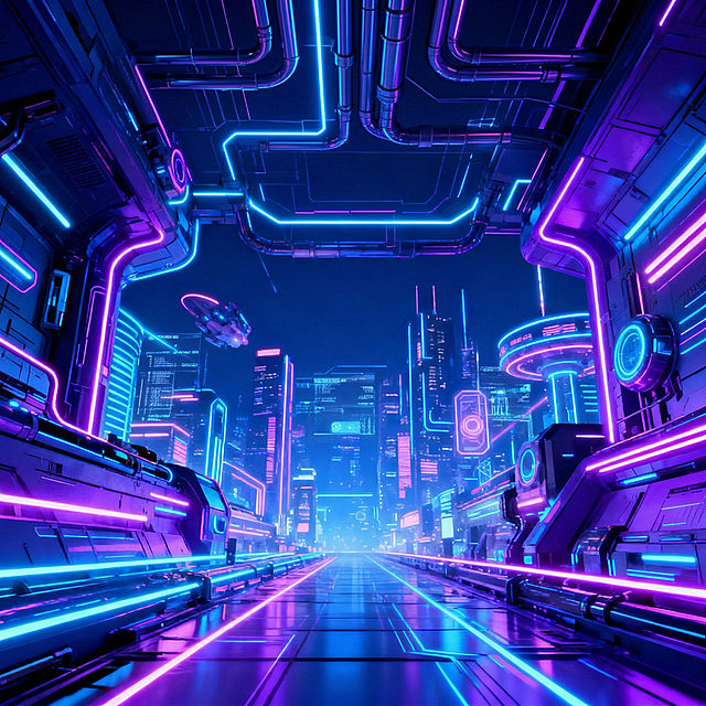 去掉画面中的所有字体，保留原有的赛博朋克风格、蓝紫色调以及所有科技感、未来感的背景元素，画面保持丰富视觉效果