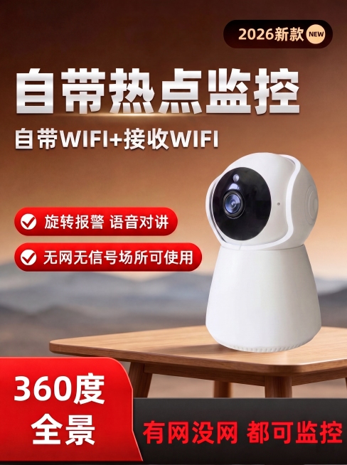 将图中摄像头主体等比例放大，其余所有元素（文字、背景、桌椅、排版布局）保持完全不变，仅放大摄像头产品本身，确保比例协调、不畸变、清晰锐利预览效果