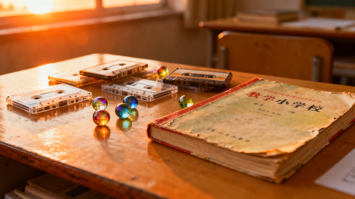 A cozy desk in sunset light, scattered with old cassettes, glass marbles, and a faded primary school预览效果