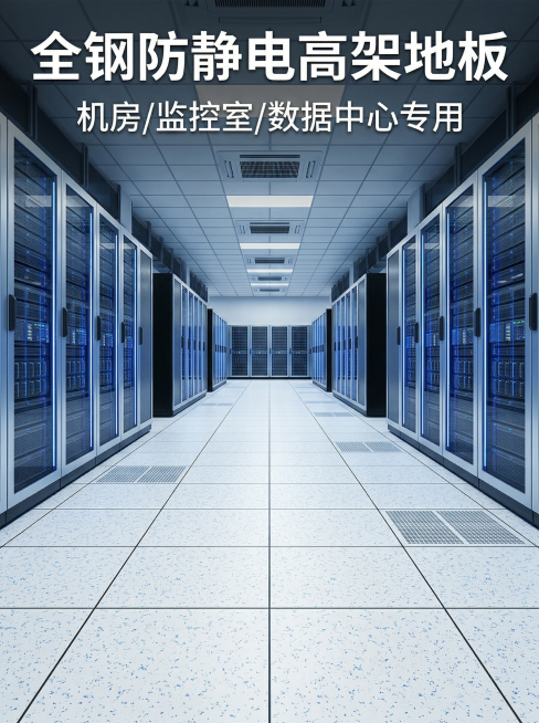 全新生成防静电地板详情页首屏banner，蓝点水磨石纹全钢防静电地板，现代专业商务风。主标题“全钢防静电高架地板”放在画面上方居中，副标题“机房/监控室/数据中心专用”紧随主标题下方。背景展示空旷干净预览效果
