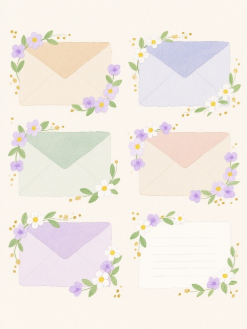 水彩风格的浅色背景，上面有六个不同配色、不同样式、不同材质的信纸造型，上下两行对齐排列。信纸边缘装饰着淡紫色和白色的小花，花蕊为黄色，还有绿色的叶子和金色的小点作为点缀，整体呈现出清新自然、柔和雅致的氛围，具有手绘质感和细腻的笔触。预览效果
