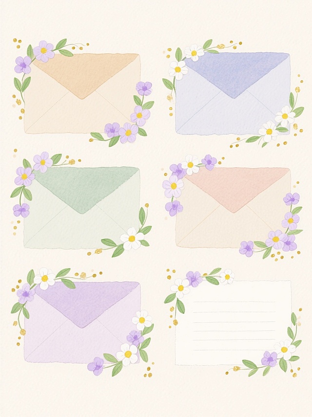 水彩风格的浅色背景，上面有六个不同配色、不同样式、不同材质的信纸造型，上下两行对齐排列。信纸边缘装饰着淡紫色和白色的小花，花蕊为黄色，还有绿色的叶子和金色的小点作为点缀，整体呈现出清新自然、柔和雅致的氛围，具有手绘质感和细腻的笔触。
