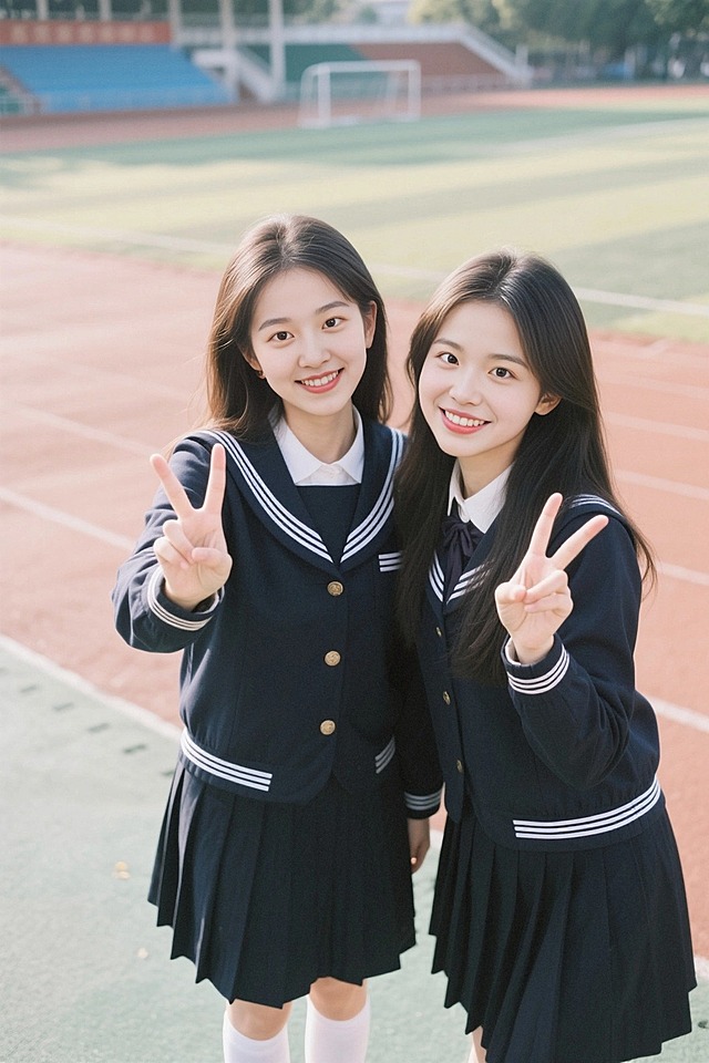 朋友合照，2个女生对着镜头单手比耶，身穿学院风制服，背景是学校操场，大光圈，商业摄影，人像特征保持