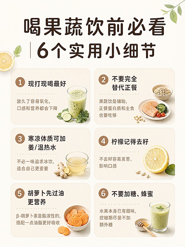 小红书笔记内页，3:4竖版，ins清新自然风，版式精美，小红书笔记封面质感，信息层级清晰。页面顶部主标题：「喝果蔬饮前必看｜6个实用小细节」。中部为6个浅米色圆角小卡片，2列3行排布，依次是：1.「现打现喝最好」副标题「放久了容易氧化，口感和营养都会下降」；2.「不要完全替代正餐」副标题「果蔬饮是辅助，正餐蛋白质和主食也要吃够」；3.「寒凉体质可加姜/温热水」副标题「不必一味追求冰饮，适合自己更重要」；4.「柠檬记得去籽」副标题「不去籽容易发苦，影响口感」；5.「胡萝卜先过油更营养」副标题「β-胡萝卜素是脂溶性的，搭配一点油脂更好吸收」；6.「不要加糖、蜂蜜」副标题「水果本身已有甜味，控糖期尽量不加额外糖」。背景米白哑光，圆润无衬线字体，深棕标题文字，浅棕说明文字，卡片式网格排版，温柔清爽，无卡通无真人无特效贴纸无瘦身夸张文字。画质高清，文字安全区，4K。