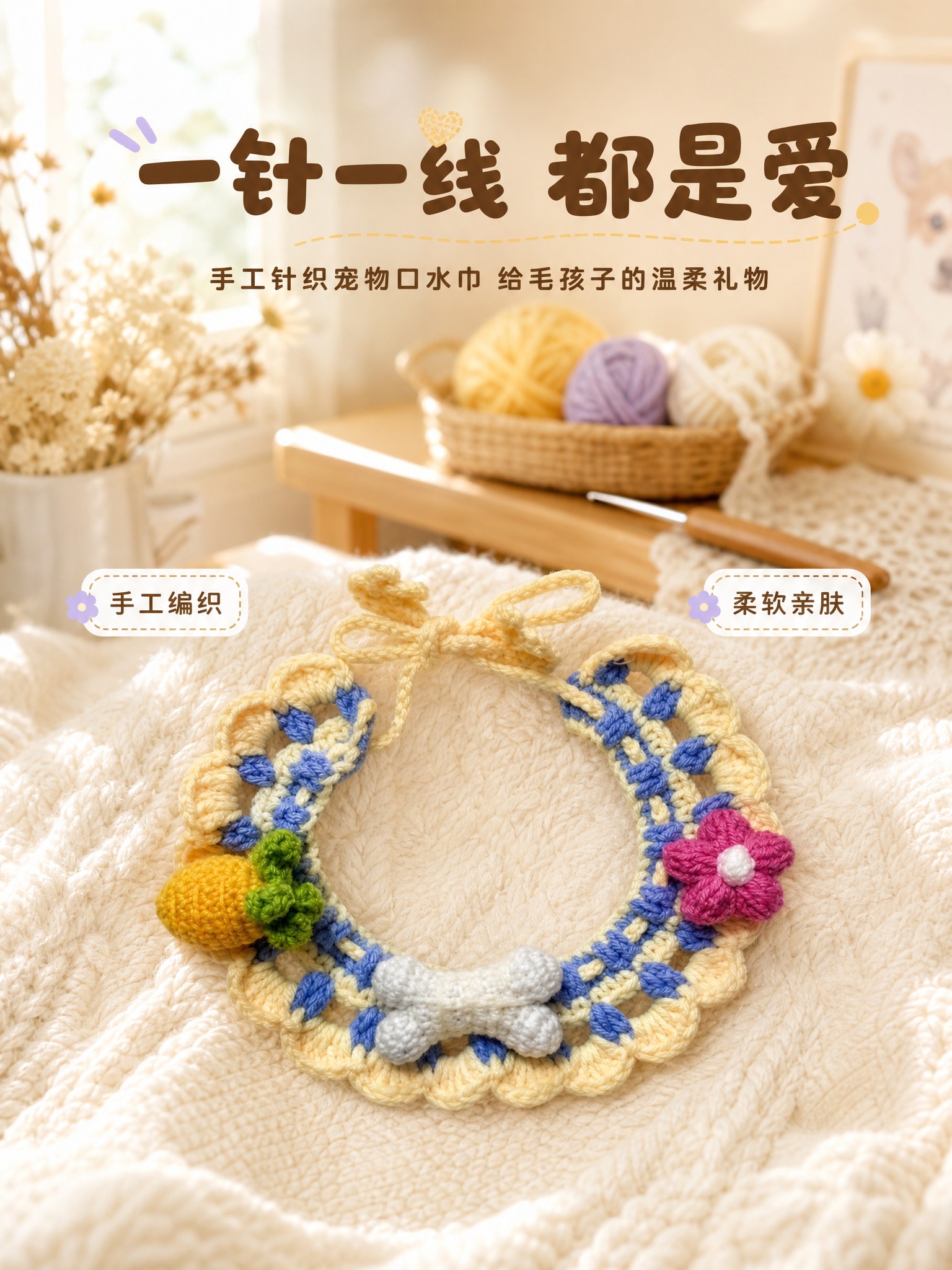 [商品] 使用【图1】手工针织宠物口水巾，蓝黄胡萝卜小花骨头款… - 图片创意预览
