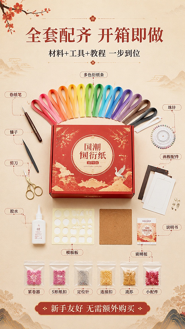 [第3屏] 材料包开箱展示-全套工具+衍纸条配件全家福。精致开箱仪式感，国潮文创风，商业平铺摄影质感。材料包全套配件平铺展示在浅米色宣纸纹理背景上，中央是红色国风材料包主包装盒，周围环绕摆放：各色衍纸条按颜色渐变排列、卷纸笔、镊子、剪刀、胶水、模板板、珠针、画框配件、说明书；物品摆放整齐有韵律，呈半圆形围绕包装盒，每件工具和材料都清晰可见。顶部柔光均匀照明，物品下方有轻微投影，整体明亮干净。全局底色米杏色，主色朱红金色，辅助色多彩衍纸条色深木色工具。正上方俯视平铺视角。顶部居中主标题「全套配齐 开箱即做」，副标题「材料+工具+教程 一步到位」，每件配件旁细线引出小标签标注名称，底部信息条「新手友好 无需额外购买」，宋体+细黑体。9:16竖版比例。