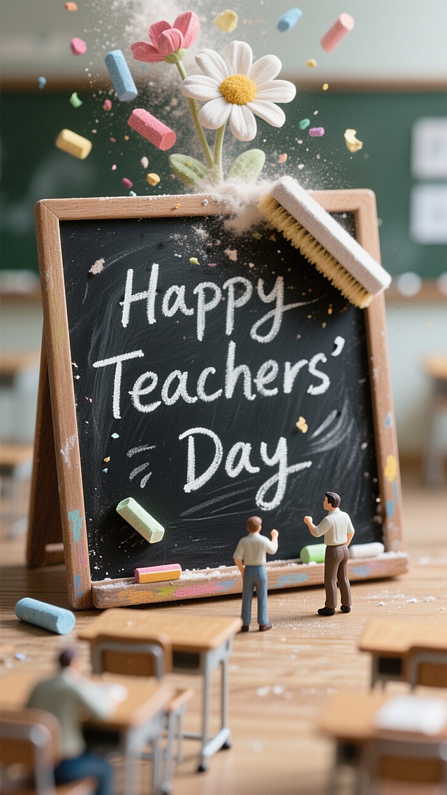 3D微缩艺术风，清新感十足，教师节主题设计，黑板与花朵创意结合。