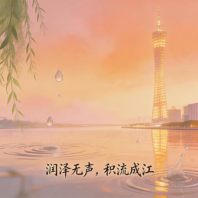广州珠江畔的唯美场景，广州塔矗立在江边，珠江水面波光粼粼，有灵动的水滴元素和潺潺水流，柔和暖色调，清新治愈的国风插画风格，呼应“润泽无声，积流成江”的育人理念，体现水文化内涵，画面温暖富有诗意