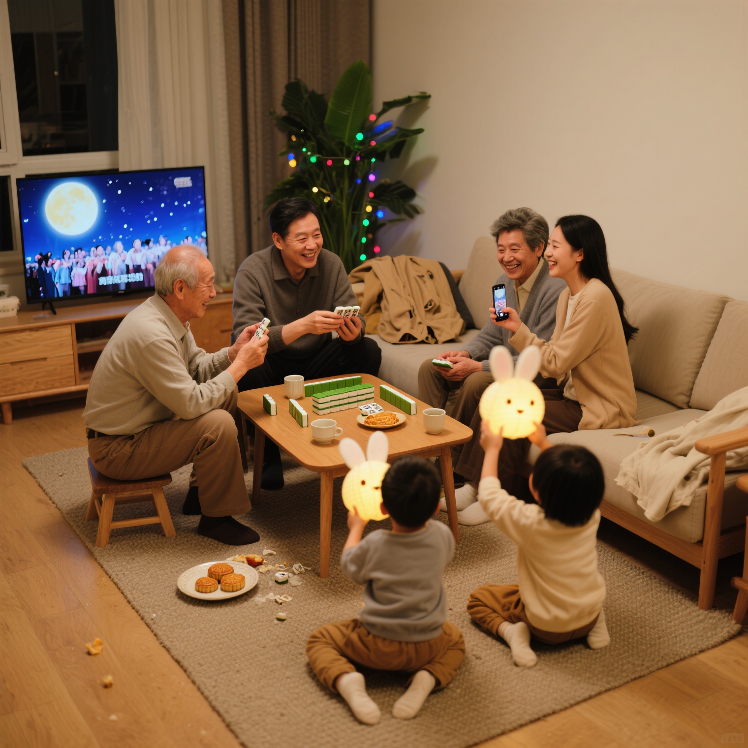 餐后的客厅，家人围坐在沙发或矮桌旁，充满生活化的欢乐。爷爷和爸… - 图片创意预览