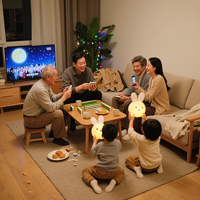 餐后的客厅，家人围坐在沙发或矮桌旁，充满生活化的欢乐。爷爷和爸爸坐在小桌旁，手里拿着麻将牌却转头听奶奶讲过去的中秋趣事；两个孩子趴在地毯上，举着兔子灯追逐打闹；妈妈靠在沙发上，笑着用手机拍孩子们的背影。桌上放着吃剩的半盘月饼和空茶杯，电视开着静音，画面是中秋晚会，沙发上搭着几件薄外套，角落的绿植上挂着小彩灯，整体画面乱中有序，自然不刻意，充满家人相处的快乐氛围