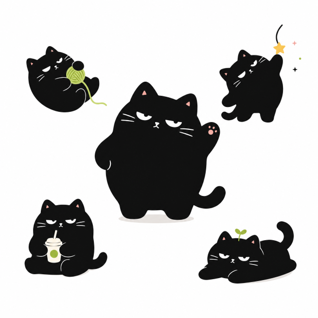 综合三张参考图，设计一个全新的黑猫IP形象，保留三张图的特点：圆滚滚胖胖的黑猫造型，简约扁平插画风格，可爱又带点酷的表情，保留简约干净的色块设计，统一形象风格，作为品牌IP主形象，白底背景预览效果