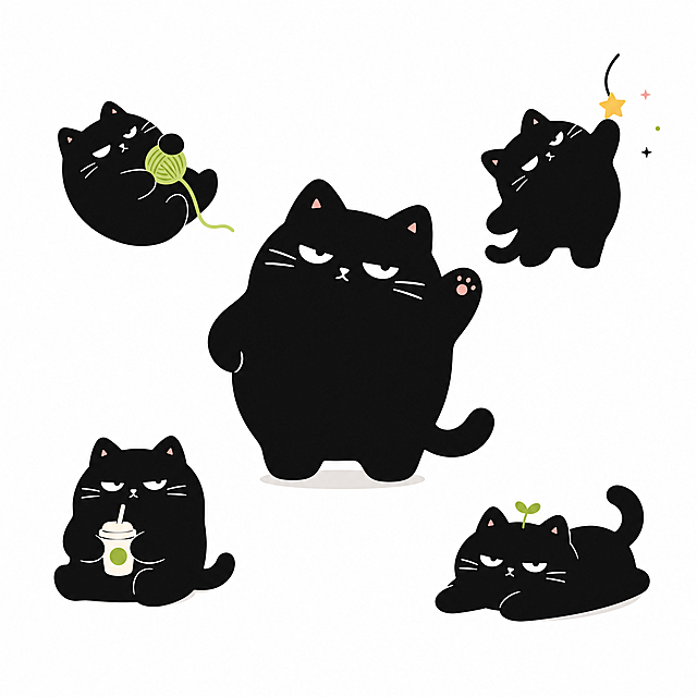 综合三张参考图，设计一个全新的黑猫IP形象，保留三张图的特点：圆滚滚胖胖的黑猫造型，简约扁平插画风格，可爱又带点酷的表情，保留简约干净的色块设计，统一形象风格，作为品牌IP主形象，白底背景