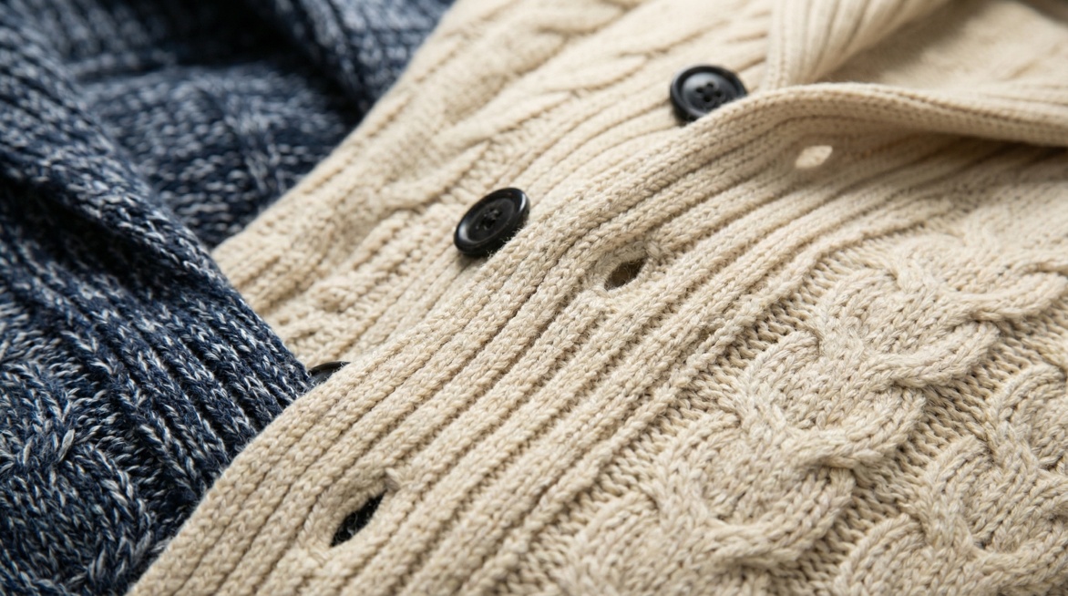 Close-up detail shot of the beige and blue marled shawl-collar cable knit cardigans from the referen预览效果