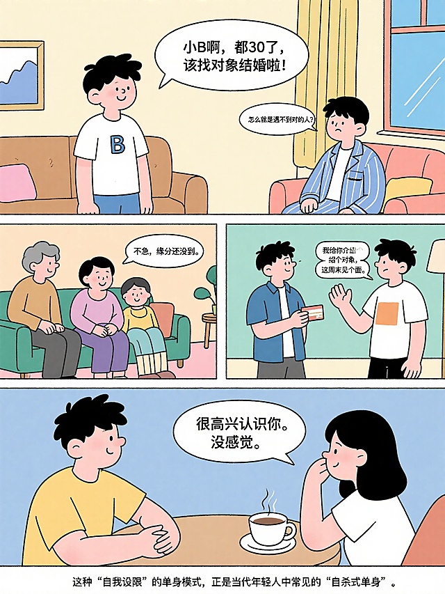 插画风漫画，简约清新，展现年轻人的单身生活与情感困惑，温馨舒适。