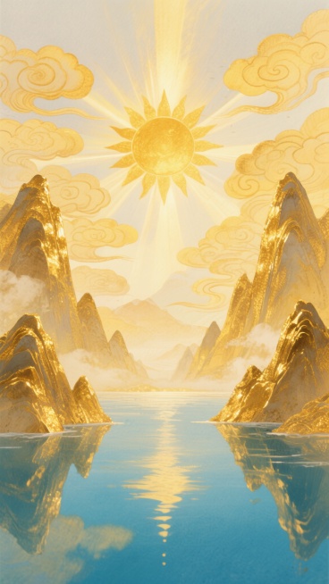 采用柔和水彩质感与流畅笔触绘制的鎏金国风风景，画面中央是光芒万丈的金色太阳，四周环绕着层层叠叠的鎏金祥云，两侧对称分布着巍峨的金色山峦，山体边缘泛着流光溢彩的金属光泽，山脚下是平静如镜的青蓝色水面，水面倒映着天空的金色霞光与山峦的轮廓，整体色调以鎏金、明黄、赤金为主，点缀青蓝水面，营造出庄重典雅又充满神圣光辉的国风意境，构图采用对称式布局，光影柔和且层次丰富，展现出大气磅礴的东方美学韵味。预览效果