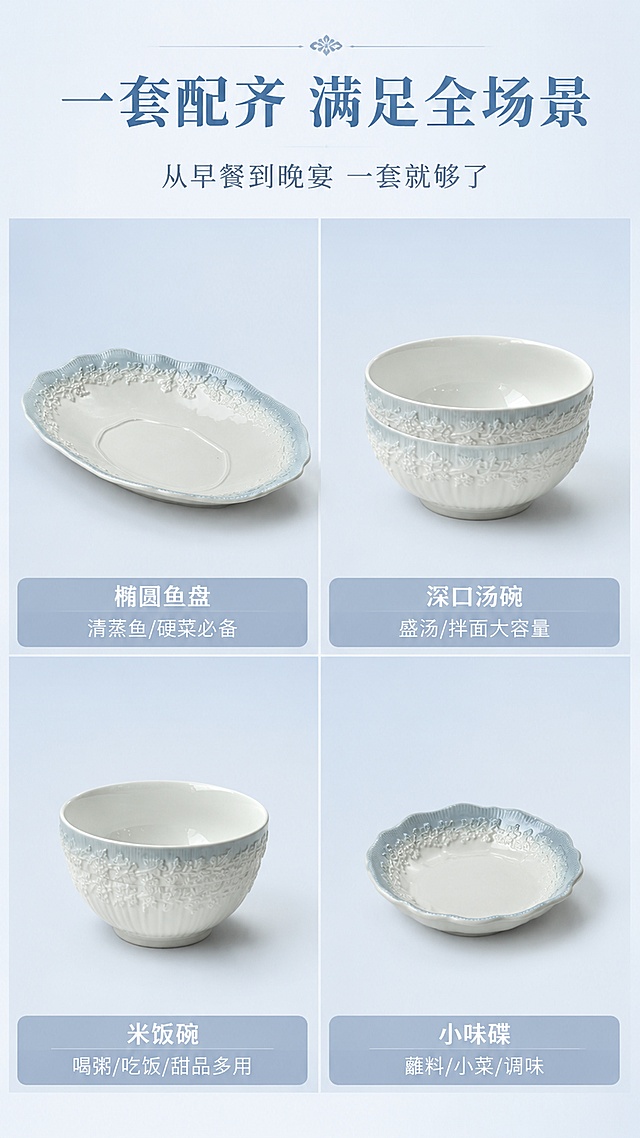 [第6屏] 单品功能解析页-鱼盘/汤碗/饭碗/味碟四大单品。本屏使用【图6】鱼盘特写为主，【图3】饭碗汤勺为辅。
[氛围/风格] 功能说明风，四宫格布局，清晰直观，商业摄影质感。
[元素布局] 画面为2×2四宫格布局，每格展示一款单品：左上「椭圆鱼盘」清蒸鱼/硬菜必备；右上「深口汤碗」盛汤/拌面大容量；左下「米饭碗」喝粥/吃饭/甜品多用；右下「小味碟」蘸料/小菜/调味；每格内单品清晰展示，背景为浅雾蓝色渐变；所有单品器型、浮雕、釉色与输入图一致。
[光影质感] 顶部均匀柔光，每件餐具釉面高光柔和，浮雕纹理清晰，底部浅投影。
[配色色系] 全局底色 #EDF2F7 浅雾蓝灰；主色雾蓝 #8FA8C0；辅助色奶白、浅灰；点缀色细灰线分隔。
[视角构图] 四宫格等分布局，每格单品居中，阅读动线从左上到右下。
[文字版式] 顶部主标题「一套配齐 满足全场景」，副标题「从早餐到晚宴 一套就够了」；四宫格每格底部有半透明雾蓝色条，白色文字标注单品名称+用途说明；格与格之间有细灰线分隔；文字清晰可读，不遮挡餐具主体。
[比例分辨率] 9:16 竖版比例，4K分辨率，文字清晰可辨。
[负向提示词] 餐具变形，单品错放，颜色偏差，文字过小，四宫格错乱，水印。