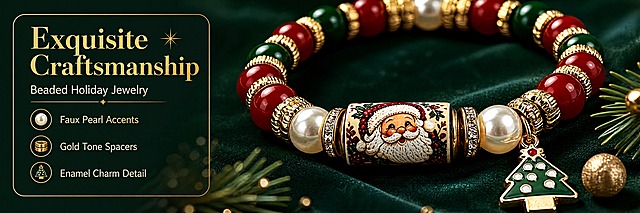 [商品] 使用【图2】Santa Claus款圣诞手串；保留红绿圆珠、白色仿珍珠、金色隔珠、印圣诞老人图案的圆柱主珠、绿色珐琅圣诞树吊坠、弹力串珠结构与所有颜色材质；增强珠子光泽、金属质感与珐琅吊坠细节，自然理顺串珠形态，不改变产品结构和图案。
[画面] 目标：细节工艺展示，突出精致串珠做工。构图：居中偏右放大展示手串局部，微距特写圣诞老人圆柱珠、金色隔珠切面、仿珍珠光泽与珐琅圣诞树吊坠；左侧留白放文字信息；前景有松针和小金色装饰点缀，背景是深墨绿色绒布质感虚化背景；产品占画面约60%，细节清晰可见。
[视觉] 套系策略：风格=跨境高级商业节日摄影，真实微距质感；标题字=优雅衬线粗体；正文字=简洁无衬线体；主色=酒红+墨绿+暖金；背景延展=深墨绿绒布渐变背景，带细腻织物纹理；强调色=暖金色，仅用于小面积装饰线、图标和高光；标题色=暖金色；正文色=浅米白；组件=圆角半透明深墨绿信息卡、细金线引线；光影=左前侧柔光，突出珠子通透感与金属反光，珐琅吊坠色彩鲜亮。
[文字] 左侧信息卡区域：主标题"Exquisite Craftsmanship"，副标题"Beaded Holiday Jewelry"，3个短卖点"Faux Pearl Accents""Gold Tone Spacers""Enamel Charm Detail"；文字横向排版，不遮挡珠子细节；所有文字为英文，无中文。
[规格] 图片比例3:1横版，4K分辨率，负向提示：避免变形、错字、文字过小、模糊、产品颜色改变、结构失真、中文、品牌名、敏感词、绝对化用语。