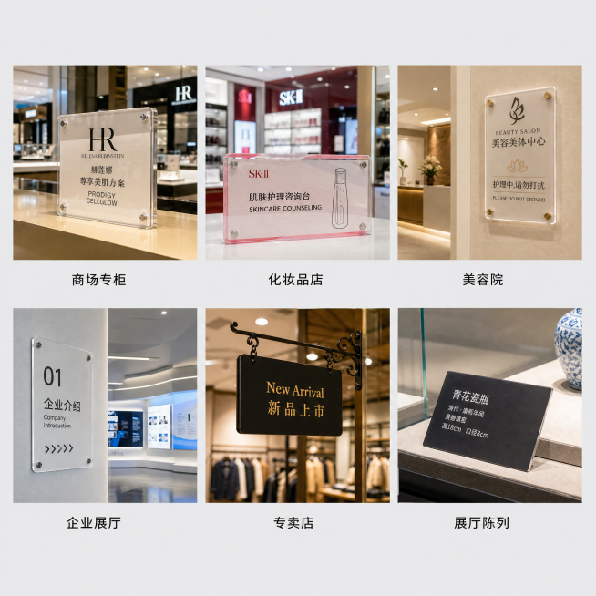 [主图4] 标识标牌六宫格应用场景展示主图。
[氛围风格] 真实场景展示，多场景排列整齐清晰
[画质] 每张图片都清晰真实，整体排版整齐统一
[元素] 画面分成六宫格，共6张小图，每张小图展示一个不同预览效果