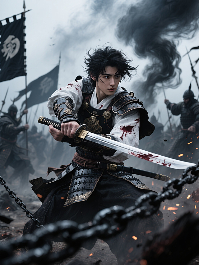 热血感十足的古典武士，手持血刃，战场硝烟中展现超现实主义的故事感。