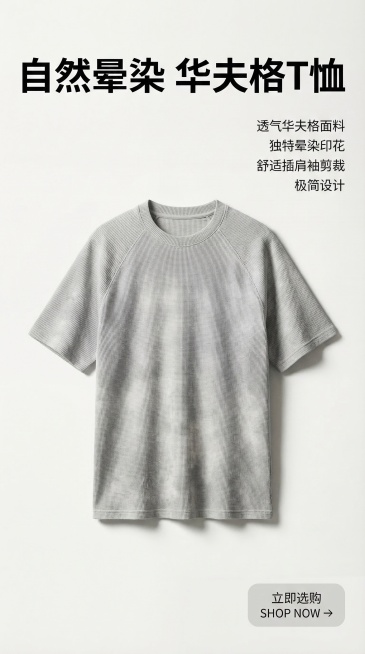 画面中心展示1:1实拍还原的浅灰色华夫格短袖T恤，聚焦衣身晕染图案与插肩袖细节，背景为高级哑光白，光影采用柔和侧光突出华夫格面料肌理，主标题用无衬线粗体置于画面上方三分之一处，核心卖点用纤细字体分列右预览效果