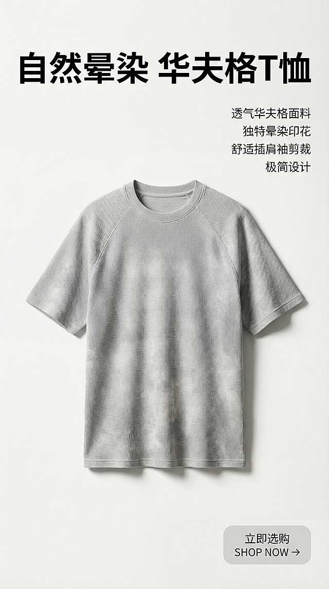 画面中心展示1:1实拍还原的浅灰色华夫格短袖T恤，聚焦衣身晕染图案与插肩袖细节，背景为高级哑光白，光影采用柔和侧光突出华夫格面料肌理，主标题用无衬线粗体置于画面上方三分之一处，核心卖点用纤细字体分列右侧，CTA按钮"立即选购 SHOP NOW →"放置在画面右下角，按钮为浅灰底深灰字的圆角矩形，严格还原产品细节，产品1:1还原，不变形、不改色、不换结构。