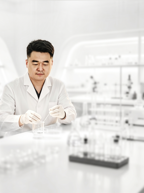 将图二的人物放入图一的实验室场景中，人物穿着白大褂戴手套，做实验操作，保持图一的明亮简约干净的色调氛围，整体色调和谐统一预览效果