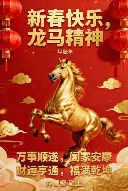 在现有祝福语下方添加金色字体的“财运亨通，福满乾坤”，在海报最底部添加稍小金色字体的“林春娜 敬上”，字体风格与现有文字统一预览效果