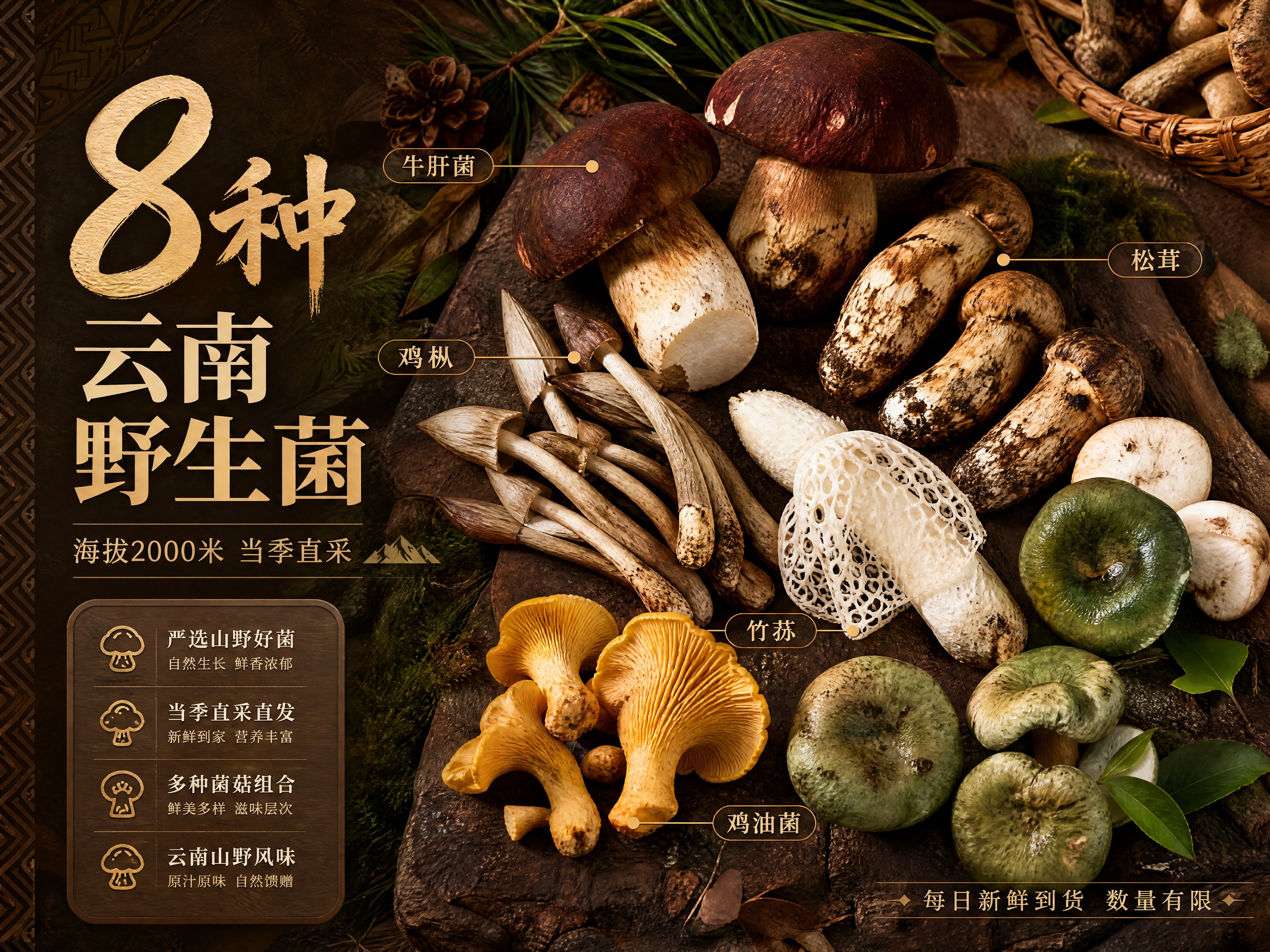 [商品] 多种云南野生菌食材平铺展示，包括牛肝菌（深褐色伞盖肥… - 图片创意预览
