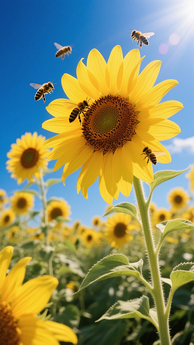 3D风与重拟物结合，阳光下的向日葵花海光影斑驳，蜜蜂飞舞，呈现自然清新与唯美的视觉盛宴。