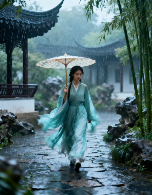 中国风动态画面，天青色烟雨氛围里，一位撑着油纸伞的汉服古装美女，正走在中式园林的青石板路上，整体图像色调偏伤感哀婉，动态流畅预览效果