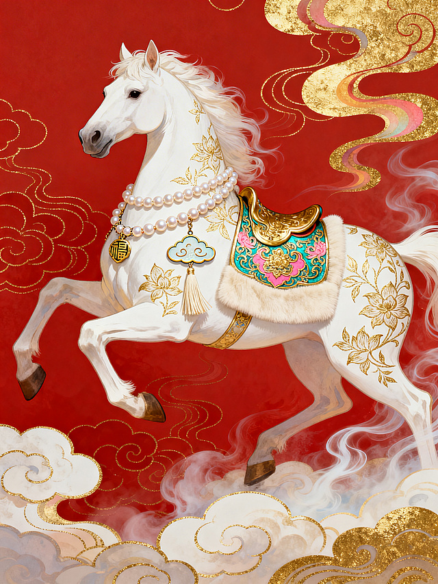 烫金工艺，一只鎏印镶玉的生肖马插画，侧面完整马，马身主色调为白色，布满金线缠枝莲暗纹；装饰细节包括：淡水珍珠串链、鎏印祥云挂饰（搭配米白绒布流苏，在挂在胸链上）、掐丝珐琅鞍具（融合金、青、粉色调），马的姿态呈踏云奔腾状，线条流畅且仙气十足。红色主背景，带有金线云纹暗纹肌理，点缀鎏金渐变抽象祥云装饰，整体呈现中式传统 “新春纳福” 的华贵质感。中式古典美学与现代插画碰撞，色彩华贵（以白、金、红为主），装饰细节精致灵动，满含吉祥如意氛围，兼具仙气雅致与视觉冲击力。