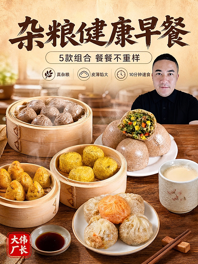 [商品] 使用【图1】5款杂粮早餐面点；保留荞麦面小笼包竹蒸笼、荠菜鸡肉菜团子、红豆薏米包、藜麦小窝窝头、苏式纸皮烧麦的外观、颜色、材质和蒸笼形态；保留大伟厂长人物头像特征；增强食物表皮纹理和蒸笼竹纹质感，让食物更有食欲。
[画面] 目标：食欲氛围头图 全家福场景种草。中式温馨餐桌大图，木质餐桌纹理清晰，中央摆放5款杂粮面点全家福，竹制蒸笼冒着热气，菜团子切开露出馅料，烧麦皮薄可见内馅，周围搭配一小碟醋、一双木筷、一杯热豆浆，背景虚化的厨房晨光从窗户洒入，蒸汽升腾，营造刚出锅的温暖氛围。产品占画面60%，上方留出标题区域，画面层次丰富，前景餐具、中景食物、后景虚化厨房。
[视觉] 套系策略：风格=中式家常烟火气 食欲感商业摄影；标题字=粗黑体厚重有力 带轻微毛笔质感；正文字=清爽黑体；主色=暖木棕；背景延展=基于暖木棕做深浅层级 木质纹理 麻布质感 同色系渐变；强调色=朱红色 仅用于小面积印章 标签 引线；标题色=深棕色；正文色=暖灰色；组件=圆角米色卡片 细棕线 印章式标签；光影=左前侧暖柔光 自然晨光感。
[文字] 顶部居中主标题「杂粮健康早餐」，副标题「5款组合 餐餐不重样」，下方3个小图标+短卖点：真杂粮 皮薄馅大 10分钟速食；左下角朱红印章「大伟厂长」；文字不遮挡主体食物。
[规格] 图片比例3:4竖版，4K，避免变形、错字、文字过小、冷蓝背景、食物不新鲜、悬浮、平台Logo。