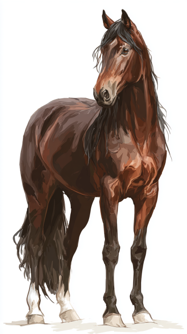A well-built adult horse, with a clearly defined head, erect ears, bright and lively eyes, a long a预览效果