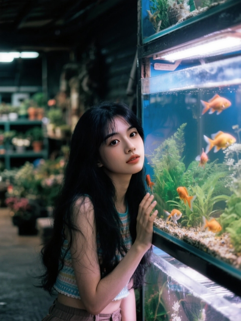 千禧年少女穿搭。暗调的老式花鸟市场，靠在巨型鱼缸边。预览效果