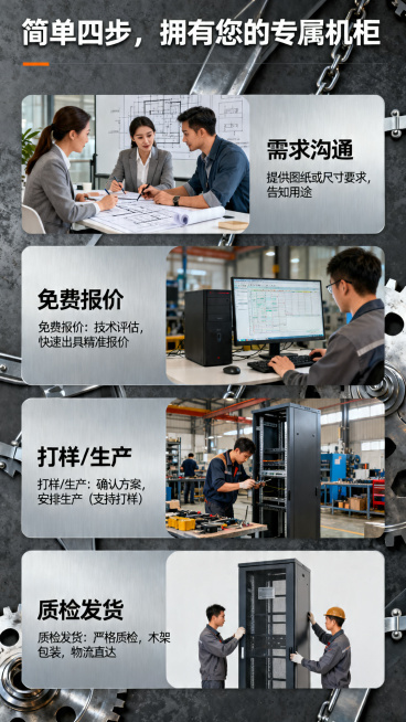 工业风格电商详情页板块，标题"简单四步，拥有您的专属机柜"，分四步展示定制流程：1.需求沟通：提供图纸或尺寸要求，告知用途。2.免费报价：技术评估，快速出具精准报价。3.打样/生产：确认方案，安排生产预览效果