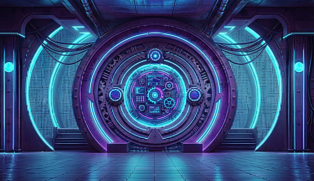 参考这张图片，制作一个太空船舱舱门的正面图，保留圆形结构与灯光，整体要科技赛博朋克感