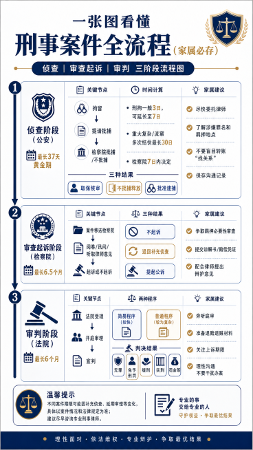 小红书图文设计，标题是"一张图看懂刑事案件全流程（家属必存）"，正文分为三个部分：第一阶段侦查阶段（公安）最长37天黄金期，包含关键节点、时间计算、三种结果和家属建议；第二阶段审查起诉阶段（检察院）最预览效果