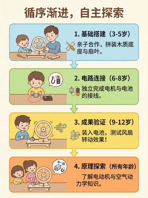 生动活泼的步骤图风格，展示一个简单实验（如图中的电风扇）的3-4个步骤，用箭头、图标和简短文字说明。画面中有不同年龄的孩子（4岁、7岁、10岁）参与不同步骤，突出套装易操作、系统性强。风格清晰可爱，色预览效果