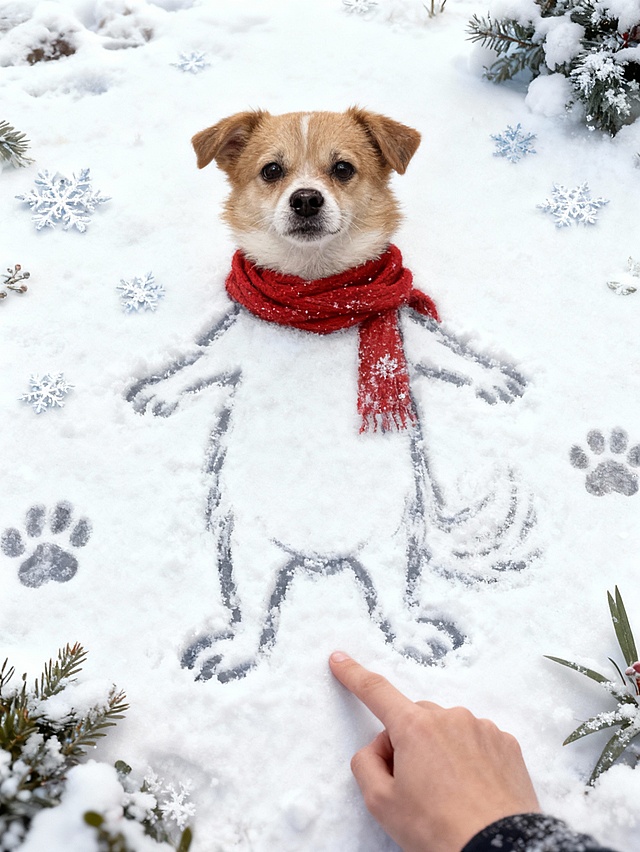 写实摄影风。画面主视觉是戴着红围巾的宠物与宠物画像合影。画像为写实风全身像，像用手指画在雪地上。宠物神态可爱，周围散落雪花、爪印、积雪植物装饰。