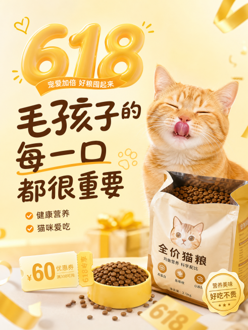 小红书封面图，主题"毛孩子的每一口都很重要"，淡黄色渐变背景，融入618购物节元素，画面中有一只橘色猫咪正在舔嘴，旁边放着一袋打开的猫粮，凸显猫粮健康猫咪爱吃，画质2K，细节细腻预览效果